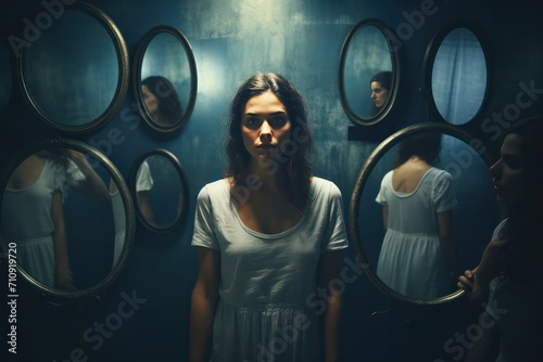 woman with multiple personality disorder looking reflected in the mirrors. Mental health issues awareness. Depression, borderline, antisocial, obsessive compulsive dsm-5 disorders. 