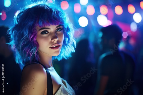 young beautiful woman with blue hair at party with neon purple cyan light at club. Nightlife and clubbing. Music, techno, pop, dancing. 