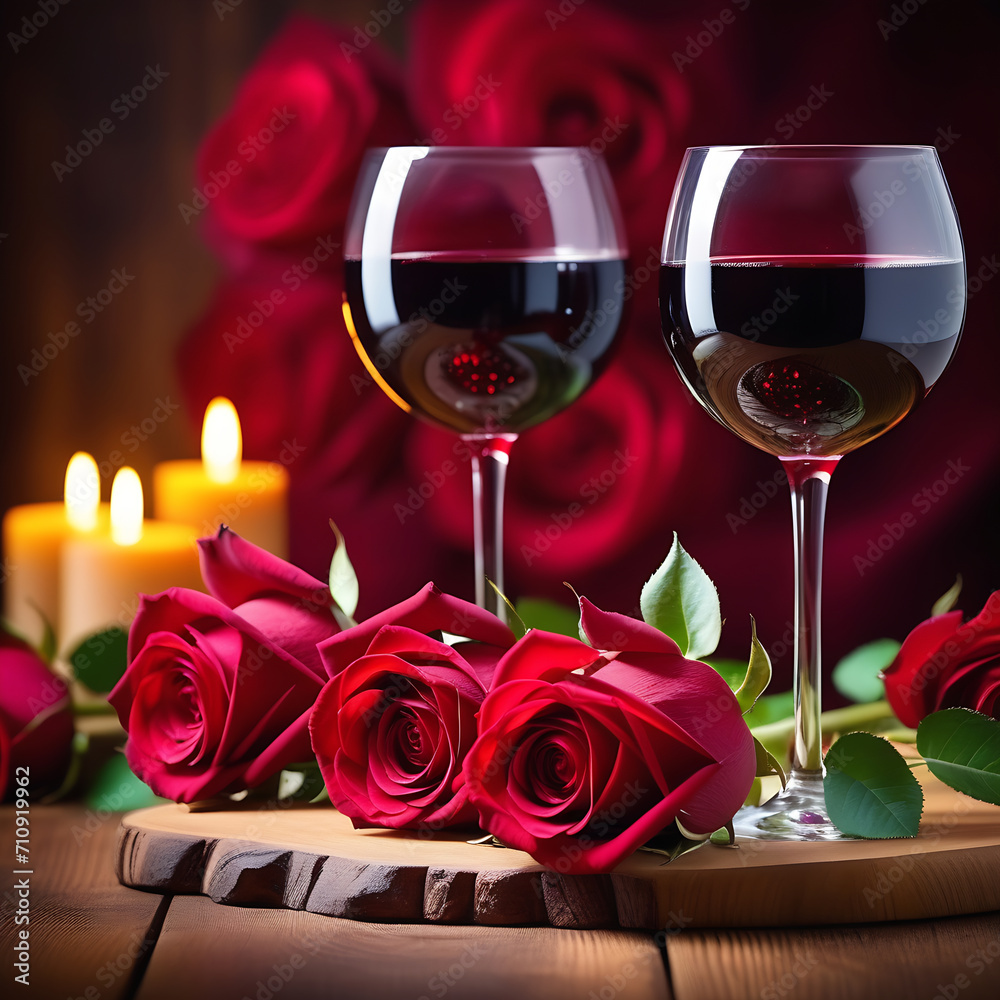 Two glasses of red wine and a bouquet of red roses Two glasses of red wine and a bouquet of red roses