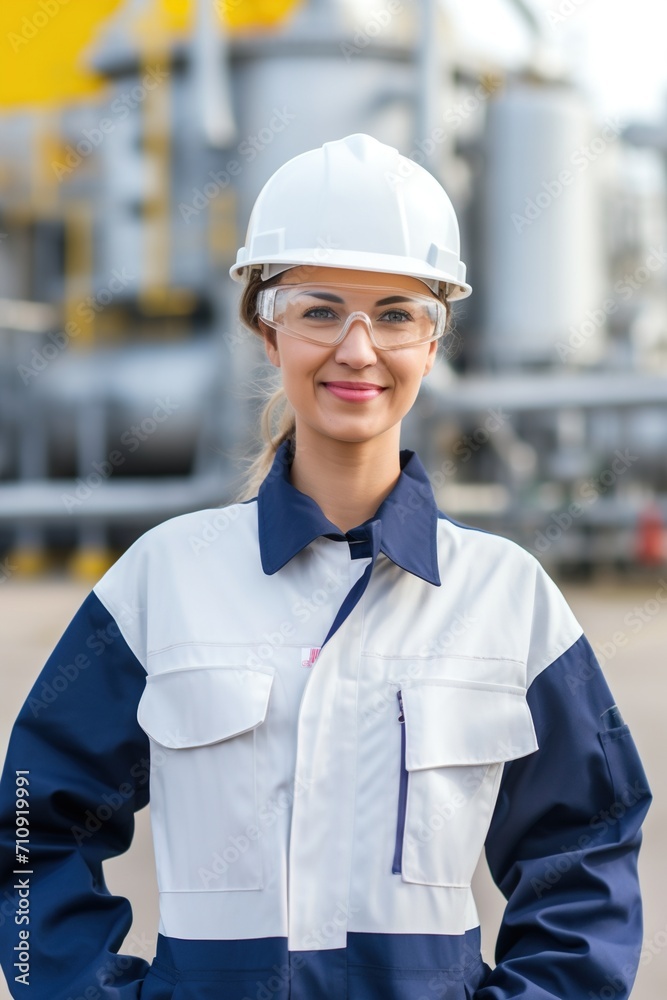 Portrait of a female engineer wearing hardhat and safety glasses at an industrial facility Portrait of a female engineer wearing hardhat and safety glasses at an industrial facility