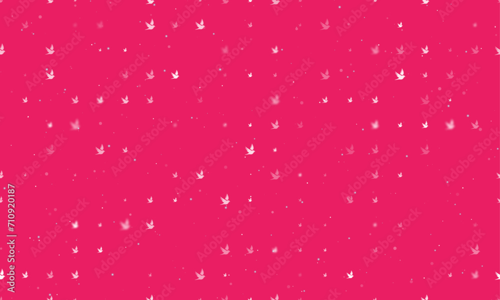 Seamless background pattern of evenly spaced white bird symbols of different sizes and opacity. Vector illustration on pink background with stars