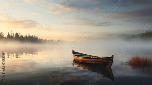 Small wooden rowboat on a still lake surrounded by thick mist