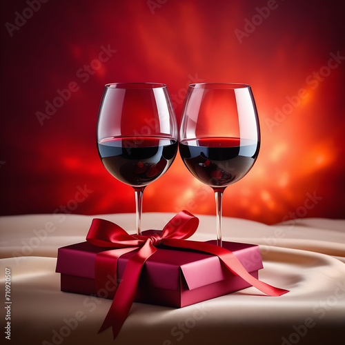  Two glasses with red wine and a gift box on a silk bed
