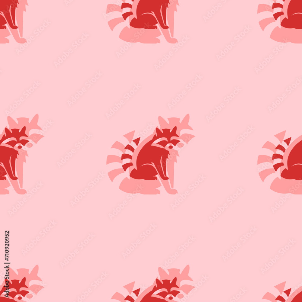 Seamless pattern of large isolated red raccoon symbols. The elements are evenly spaced. Vector illustration on light red background