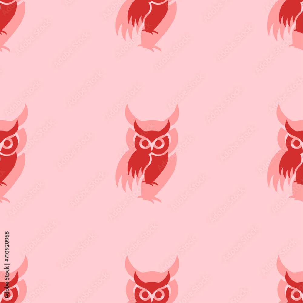 Seamless pattern of large isolated red owl symbols. The elements are evenly spaced. Vector illustration on light red background