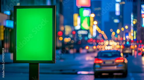 urban night scene with a green screen on a street-side advertising banner, blurred city lights and traffic in the background, creating a bokeh effect.