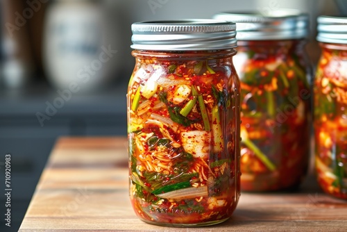 Homemade kimchee and glass jar 