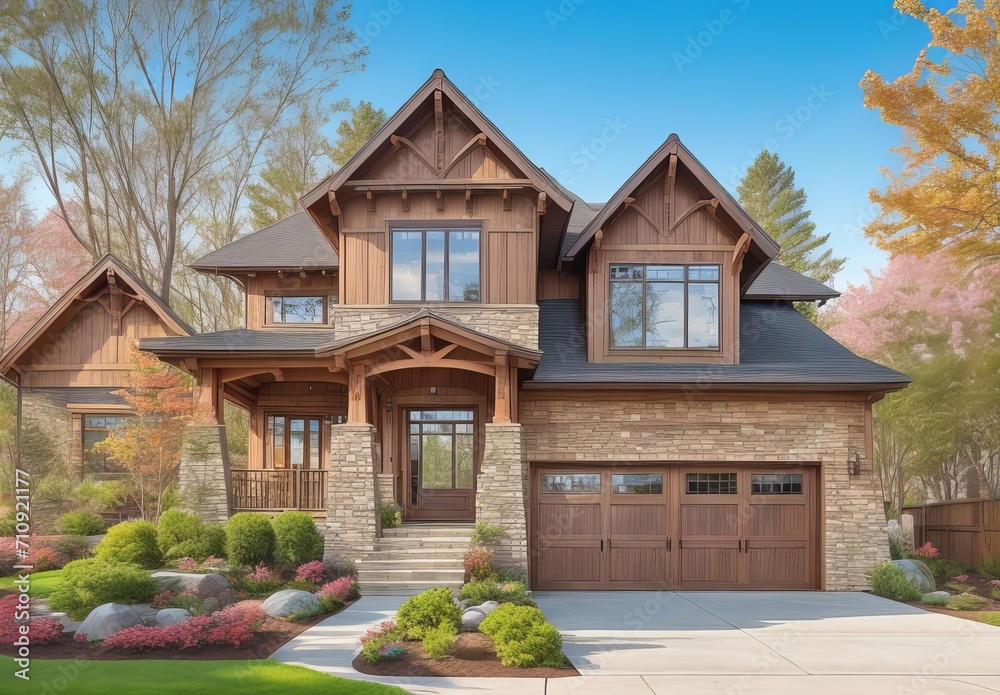 Stunning craftsman style home meticulously constructed with a three car garage featuring elegant wooden doors, surrounded by vibrant landscaping adorned with the luscious greenery of spring, creating
