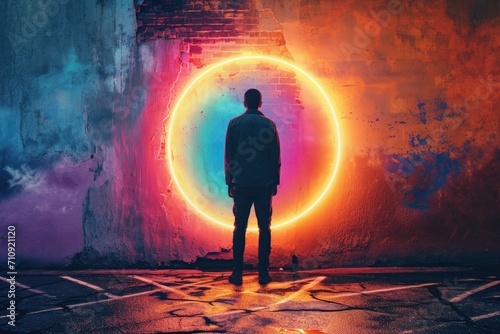 Image of man standing and looking to multicoloured glowing portal door. 