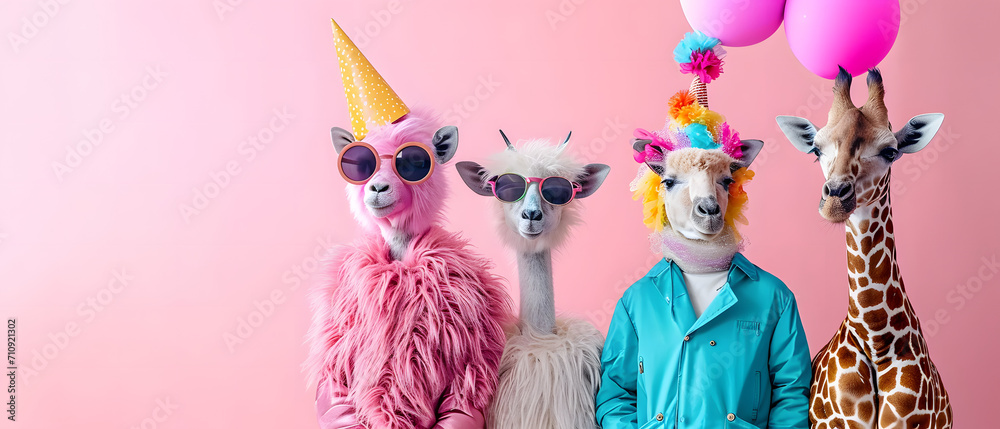 A festive herd of llamas, adorned in colorful party hats and sunglasses, stand tall amongst floating balloons and vibrant party supplies, while a playful pink giraffe joins in on the celebration - obrazy, fototapety, plakaty 