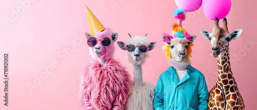 A festive herd of llamas, adorned in colorful party hats and sunglasses, stand tall amongst floating balloons and vibrant party supplies, while a playful pink giraffe joins in on the celebration photo