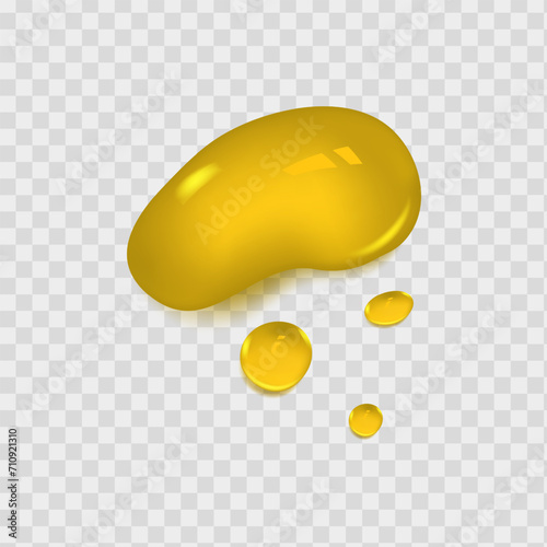 Background with spreading yellow petrol spots.Set of liquid golden drops of water, honey or oil. Collagen cosmetic essence. Organic serum or argan bubbles.