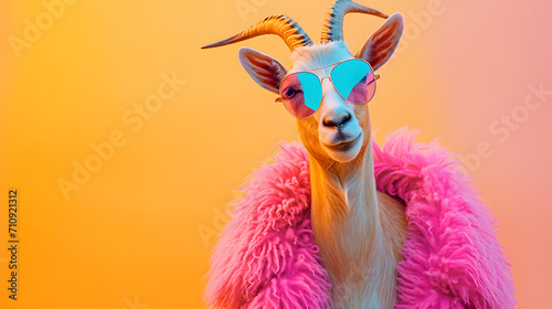 A fashionable goat struts confidently in a pink coat and stylish sunglasses  showcasing its wild and charismatic personality as a terrestrial mammal