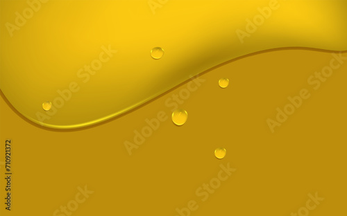 Background with spreading yellow petrol spots.Set of liquid golden drops of water, honey or oil. Collagen cosmetic essence. Organic serum or argan bubbles.