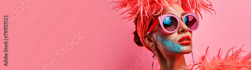 A woman with a bright pink feathered hat perched atop her head, her human face adorned with a pair of stylish spectacles