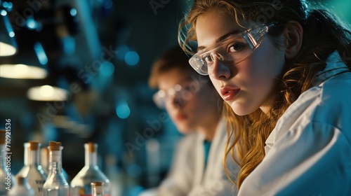Focused young female scientist working in laboratory with colleagues
