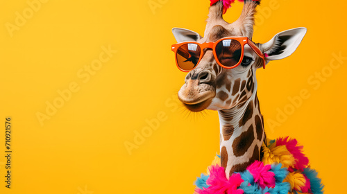 A cool and confident giraffe dons a colorful lei and stylish sunglasses  embodying the spirit of summertime fun and exotic elegance