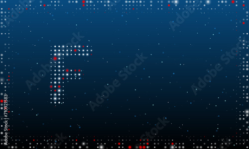 On the left is the capital letter F symbol filled with white dots. Pointillism style. Abstract futuristic frame of dots and circles. Some dots is red. Vector illustration on blue background with stars