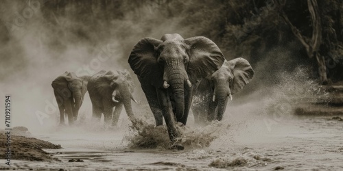 a herd of elephants running from poachers along a river in gray tones, banner poster photo