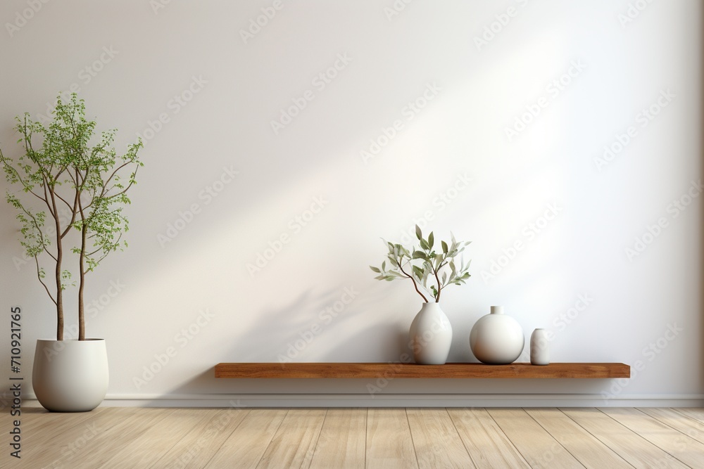 Minimalist interior design with a wooden shelf, plants, and vases