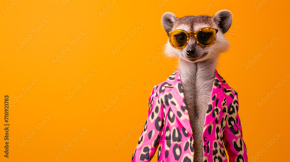 Fototapeta premium A stylish lemur basks in the warm sunlight, sporting a trendy pair of sunglasses and a chic jacket, perfectly embodying the wild and carefree spirit of nature