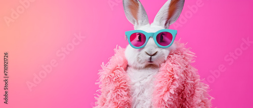 A stylish rabbit struts confidently in its fur coat and shades, embracing its wild mammalian roots while adding a touch of playful pink to its look