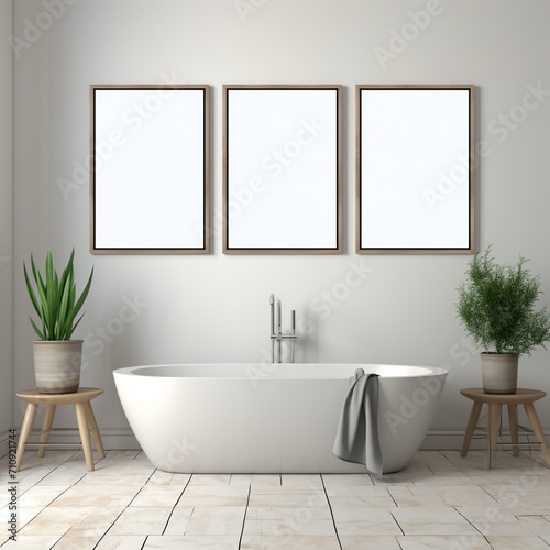 Bathroom interior with bathtub and three blank frames on the wall