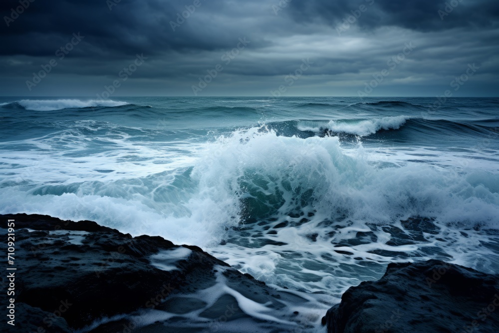 Ocean under cloudy skies with powerful waves, background wallpaper