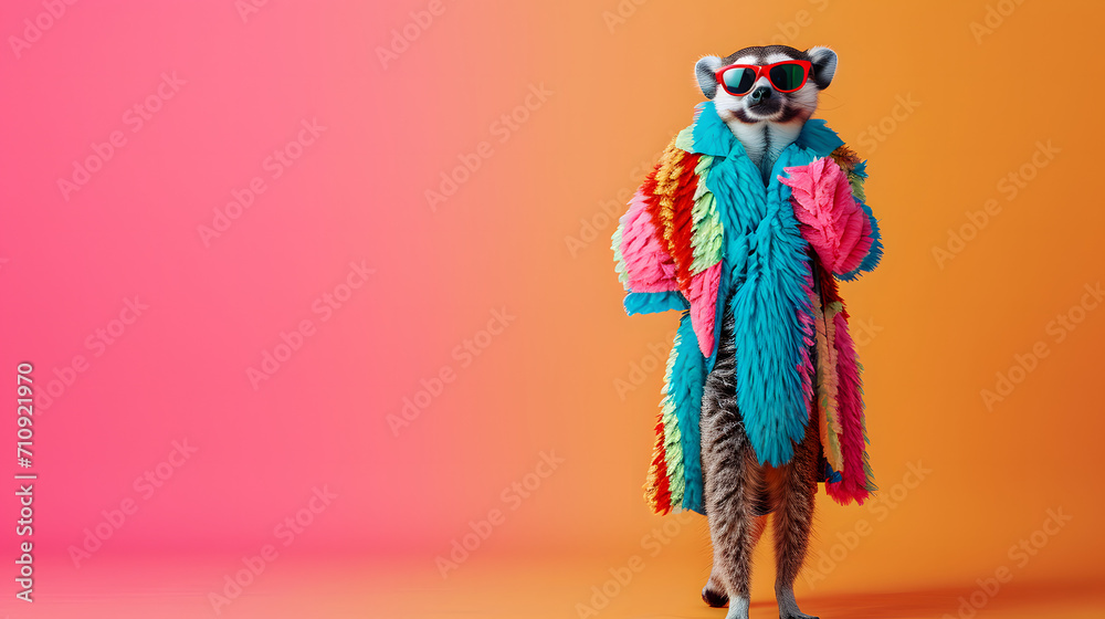 A stylish and confident animal struts down the runway, flaunting a vibrant coat and trendy sunglasses, showcasing impeccable costume design and standout footwear