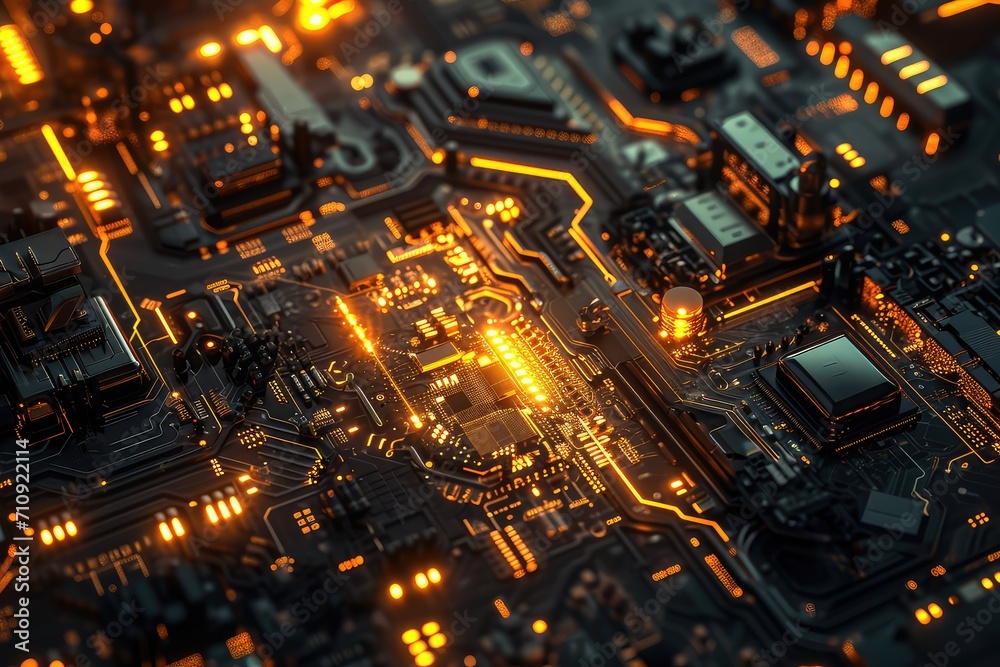 Electronic circuit board, computer motherboard with gold backlight. Futuristic design, advanced technologies. Generative AI