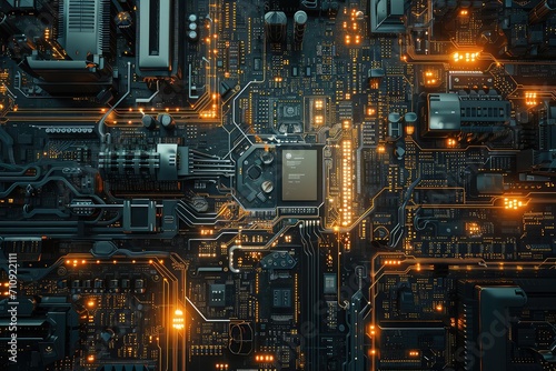 Electronic circuit board, computer motherboard with gold backlight. Futuristic design, advanced technologies. Generative AI photo