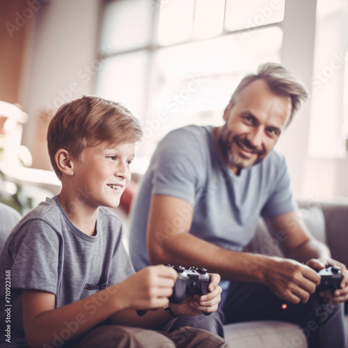 Warm scene of a bearded father and his young son playing video games, smiling together in a cozy living room
