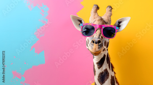 Creative, innovative Animal Design. Giraffe in Chic High-End Fashion, Isolated on a Bright Background for Advertising, with Space for Text. Birthday Party Invitation Banner