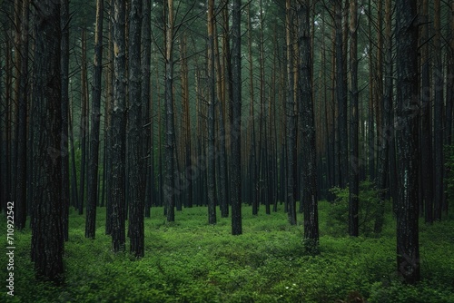 Magic pinewood lawn. Dark toned green forest. Beautiful natural background