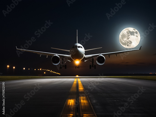 The plane flies over the illuminated runway of the airfield against the backdrop of the moon.
