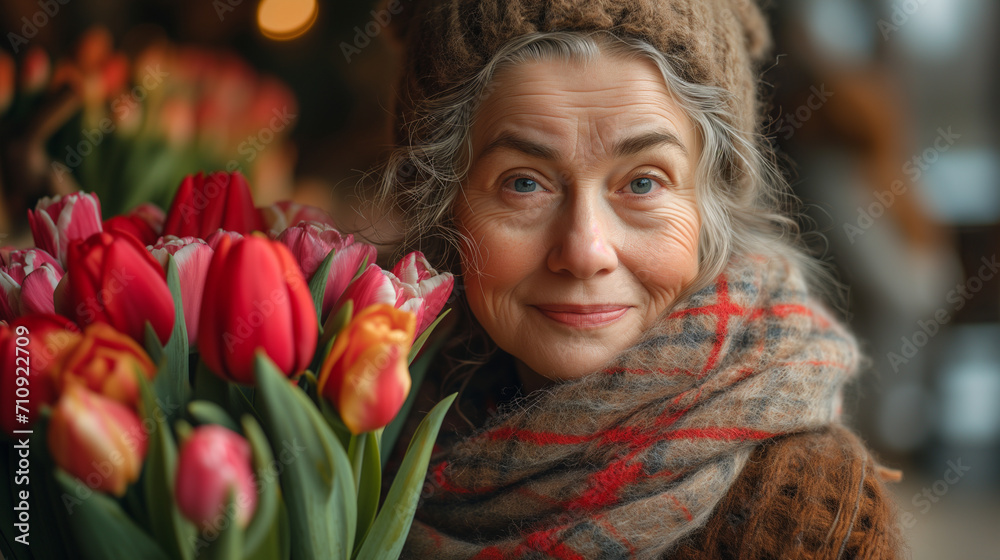Fototapeta premium Starsza kobieta ciepło ubrana, zadowolona trzyma bukiet tulipanów. 
