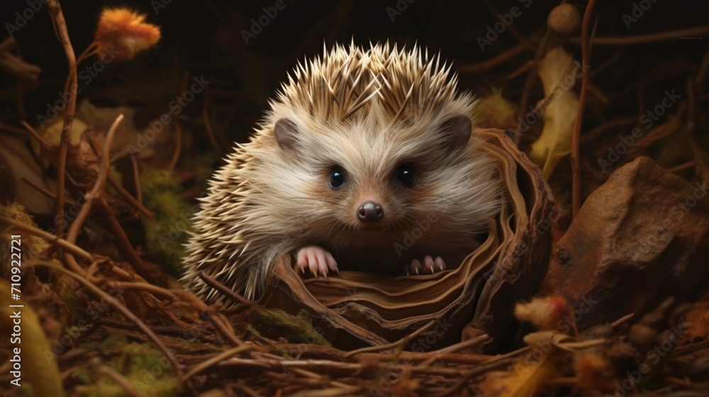 Fototapeta premium A highly detailed portrayal of a baby hedgehog curled into a ball, its spiky fur and tiny features - Generative AI