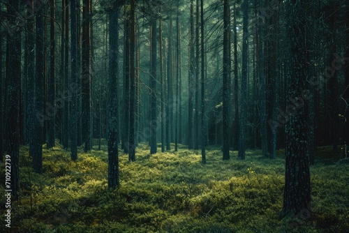 Magic pinewood lawn. Dark toned green forest. Beautiful natural background