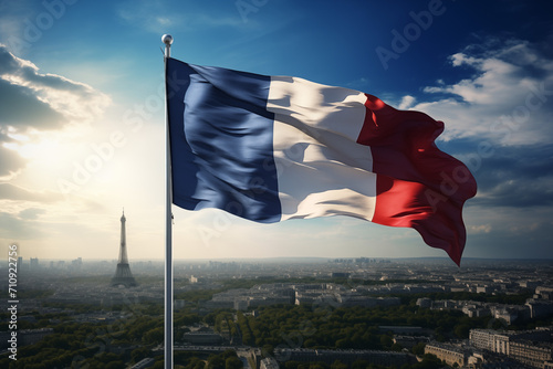 France flag in Paris with the Eiffel Tower. Country: France. Learn French. The country of France. The symbol of France.