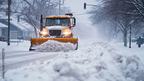 Snow Plow Clearing Residential Streets in a Snowstorm photo