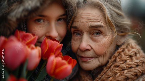 Młoda dziewczyna ze starszą kobietą pozują do zdjęcia z kwiatami. 