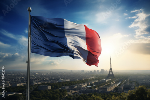 France flag in Paris with the Eiffel Tower. Country: France. Learn French. The country of France. The symbol of France.