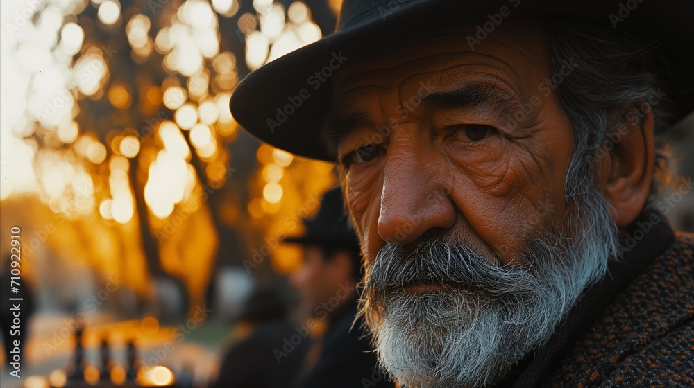 Elderly man with a hat portrait at sunset, golden hour warmth