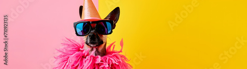 Creative, innovative Animal Design. Dog in Chic High-End Fashion, Isolated on a Bright Background for Advertising, with Space for Text. Birthday Party Invitation Banner © Daniel