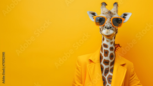 Creative, innovative Animal Design. Giraffe in Chic High-End Fashion, Isolated on a Bright Background for Advertising, with Space for Text. Birthday Party Invitation Banner