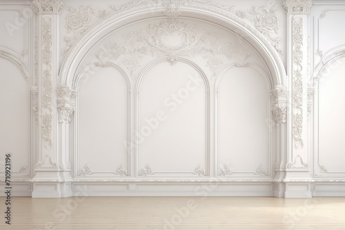 antique monograms, stucco molding, Gothic arches molding. gypsum polyurethane structure on a plain white wall