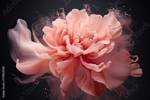 peach, pink pastel liquid surface with fabric texture drapery flower. transparent abstract wavy spot levitating on a dark background.