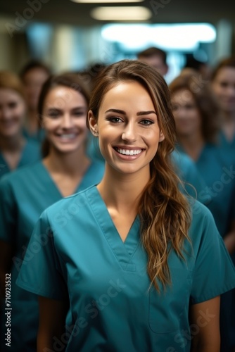 Confident female surgeon with colleagues in hospital