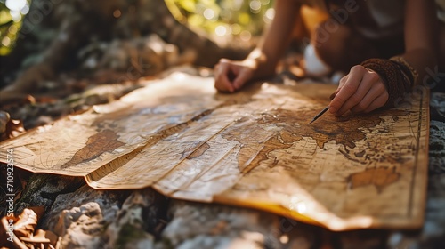 Traveler planning adventure with vintage world map outdoors