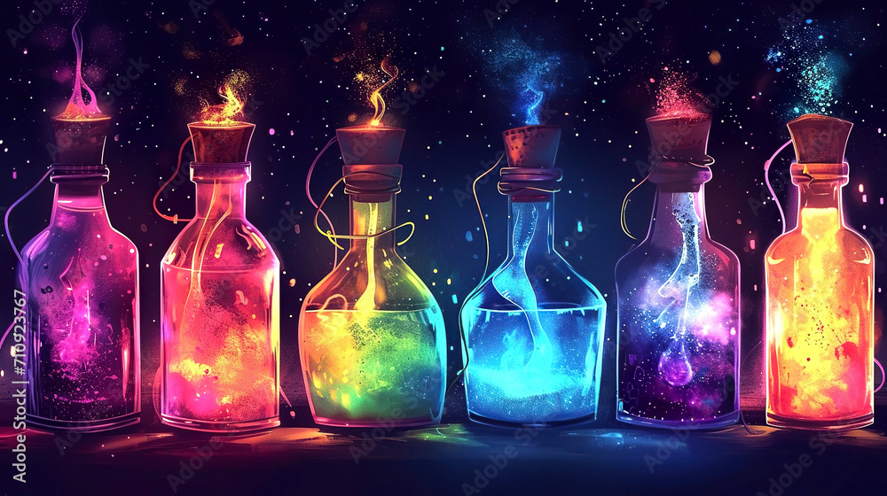 Neon bottles of magic elixir on a black background, sketch illustration. Generated AI - obrazy, fototapety, plakaty 